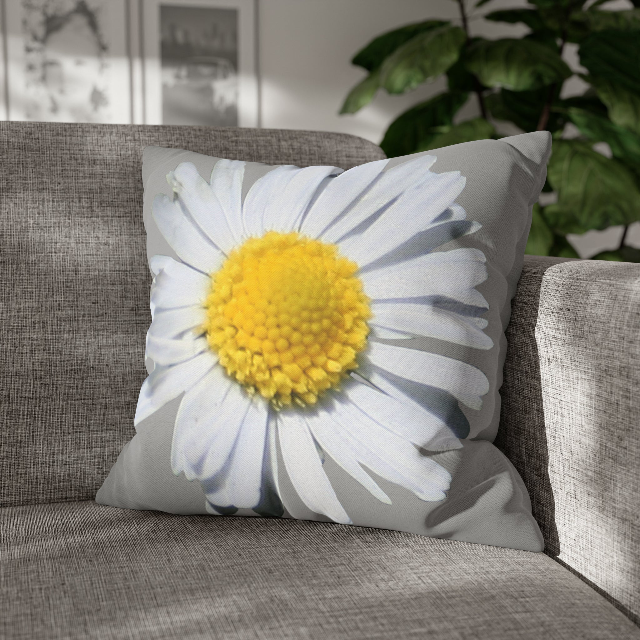 Spun Polyester Square Pillow Case Light Grey with White Daisy