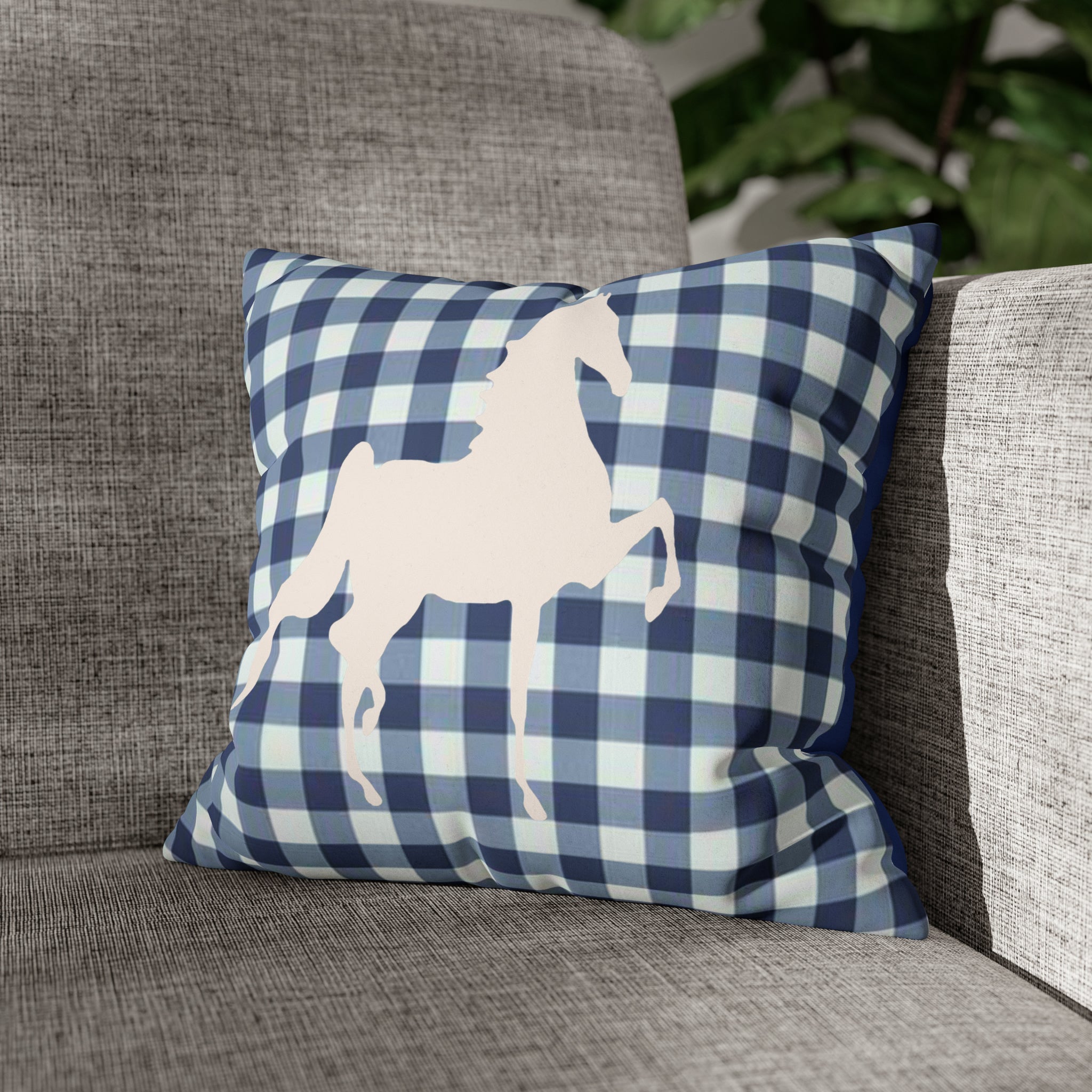 Faux Suede Square Pillow Case Blue and White Plaid  Saddlebred Print