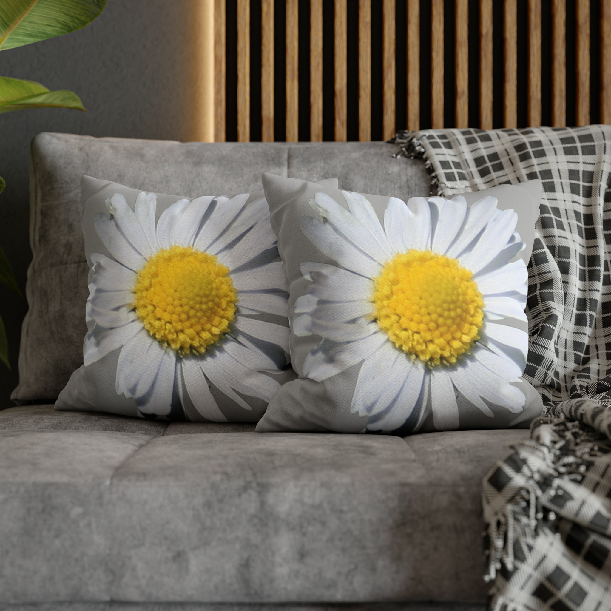 Spun Polyester Square Pillow Case Light Grey with White Daisy