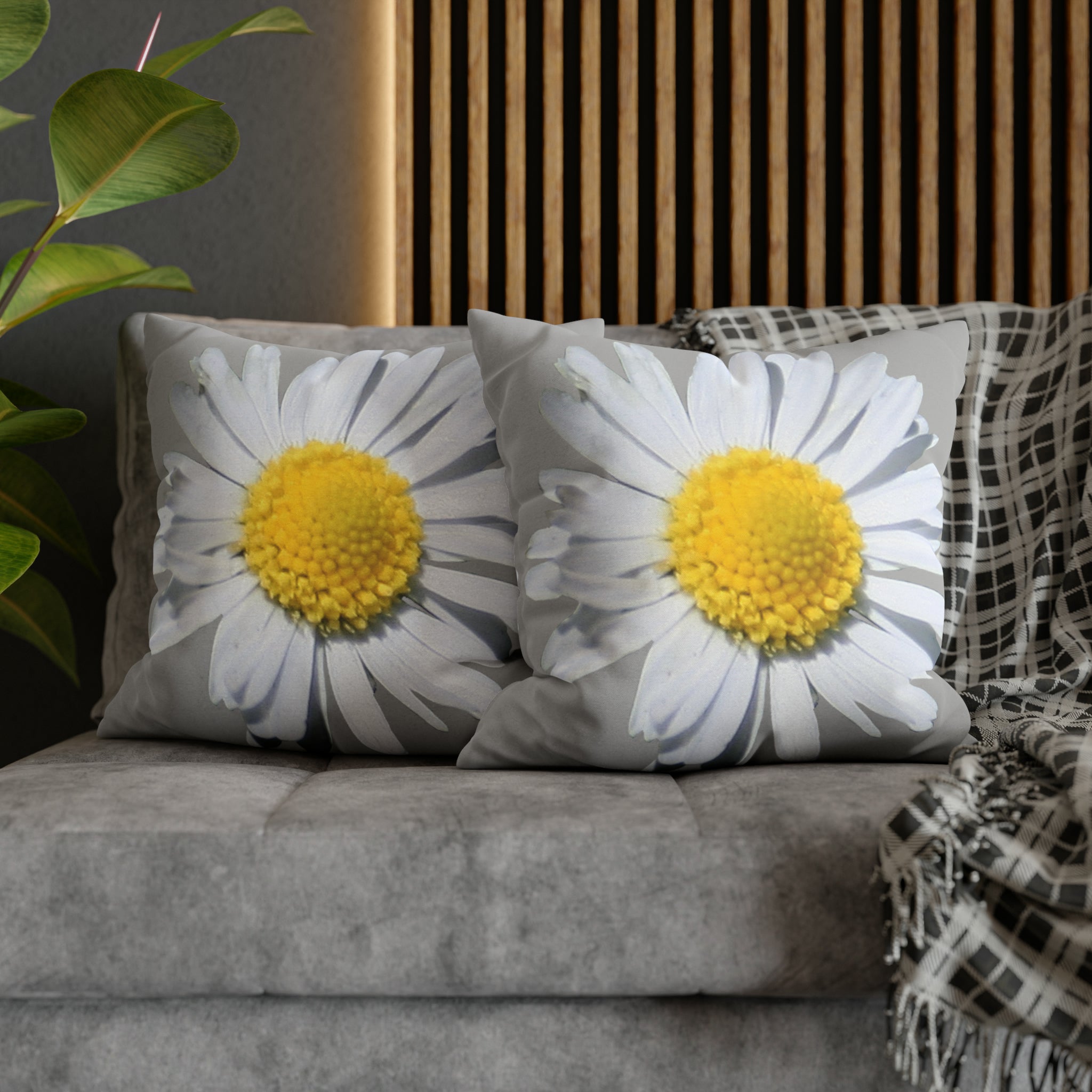 Spun Polyester Square Pillow Case Light Grey with White Daisy