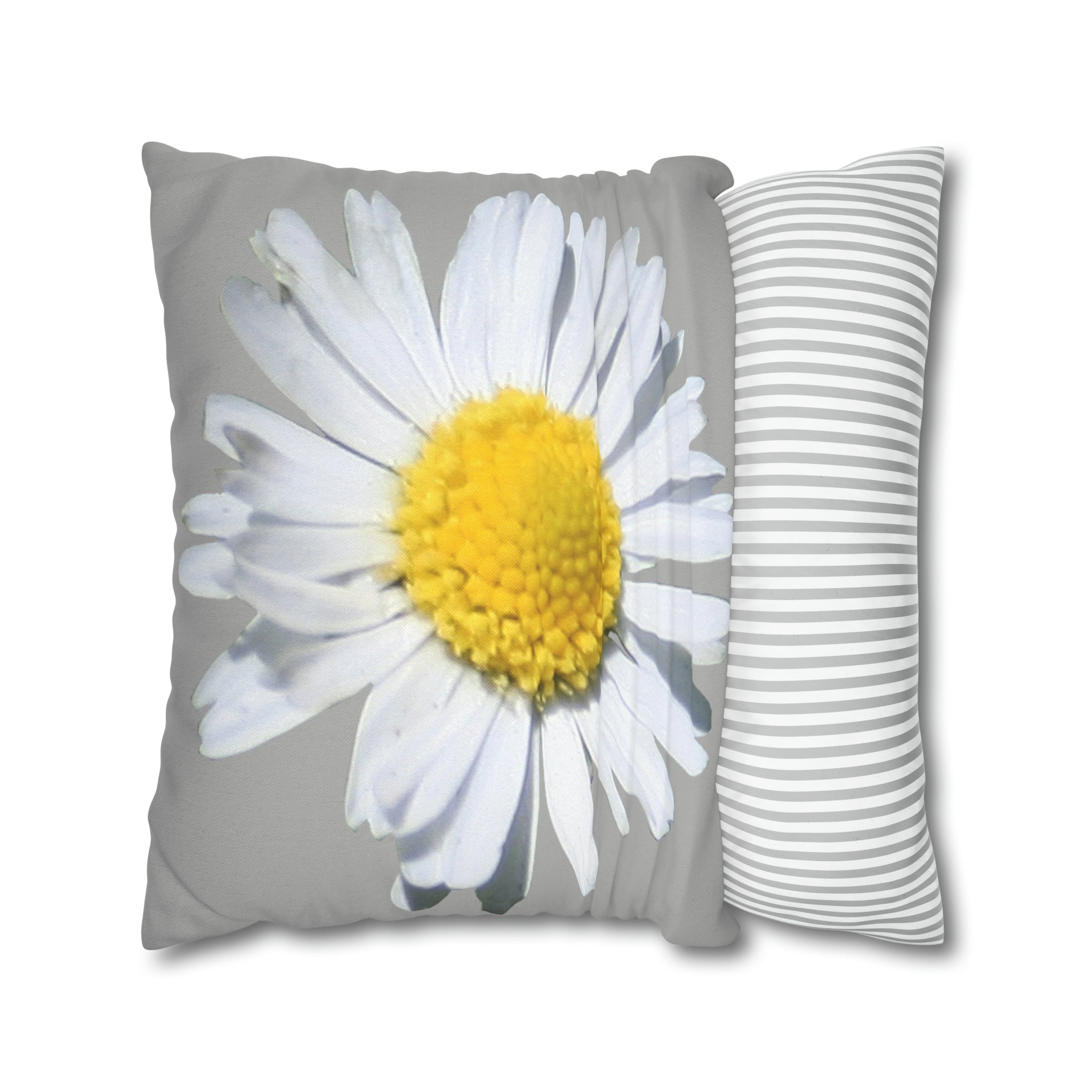 Spun Polyester Square Pillow Case Light Grey with White Daisy