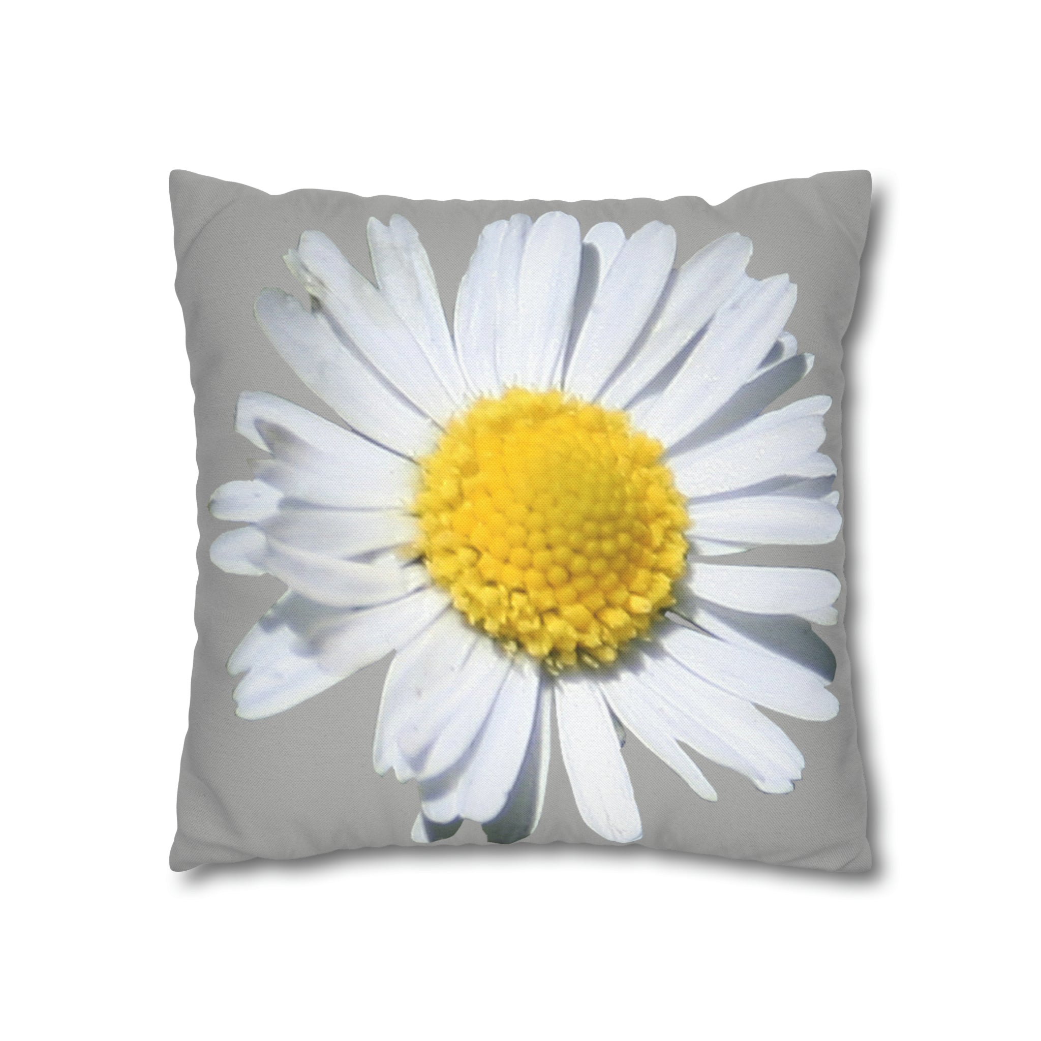 Spun Polyester Square Pillow Case Light Grey with White Daisy