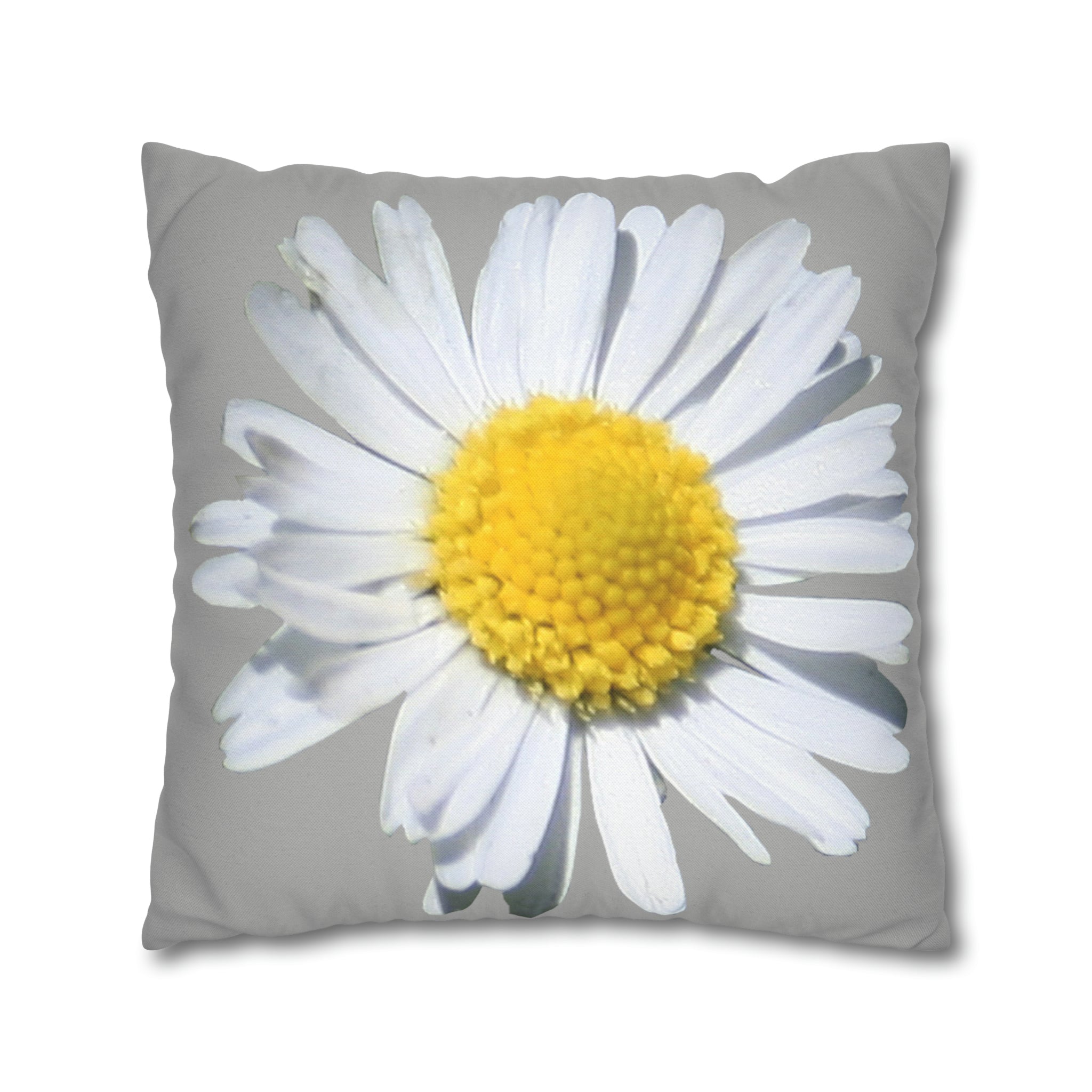 Spun Polyester Square Pillow Case Light Grey with White Daisy