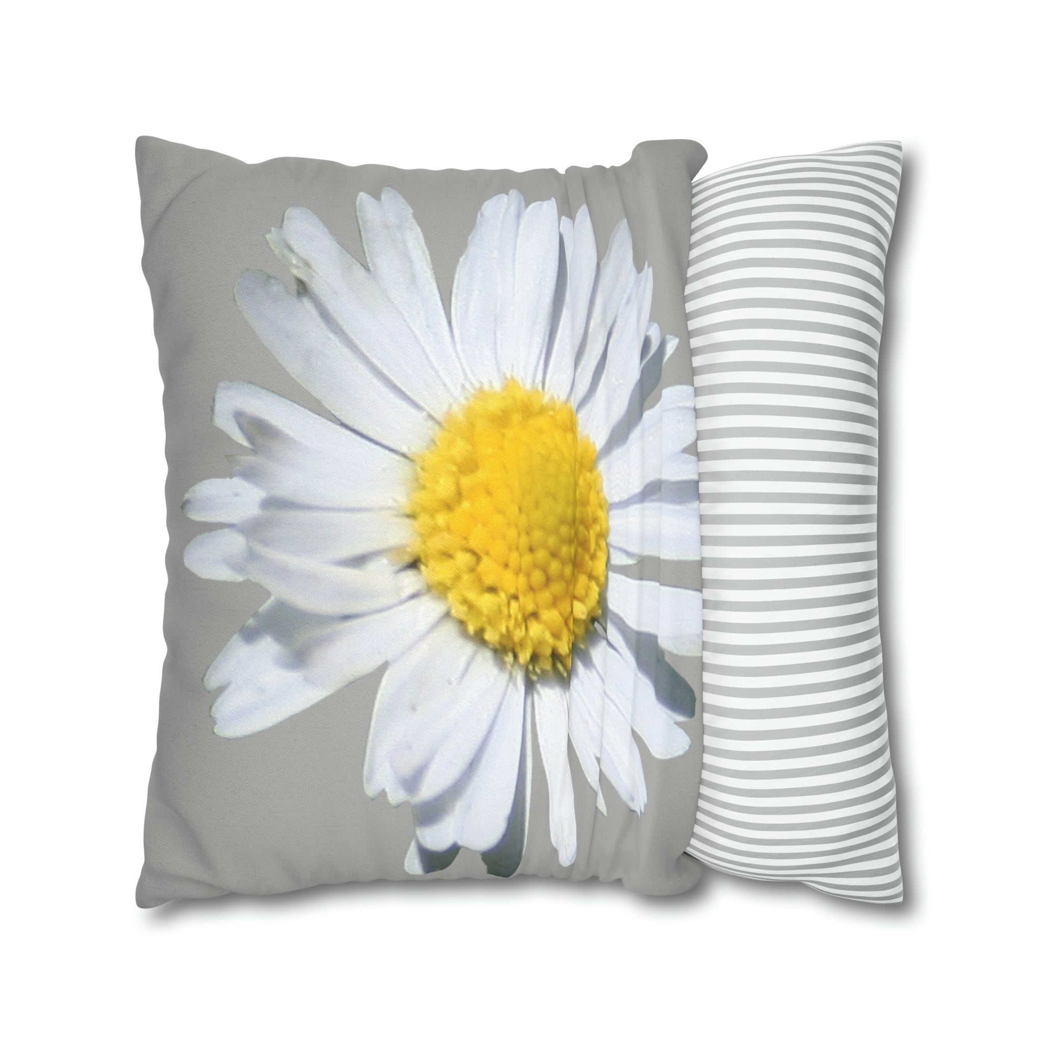 Spun Polyester Square Pillow Case Light Grey with White Daisy