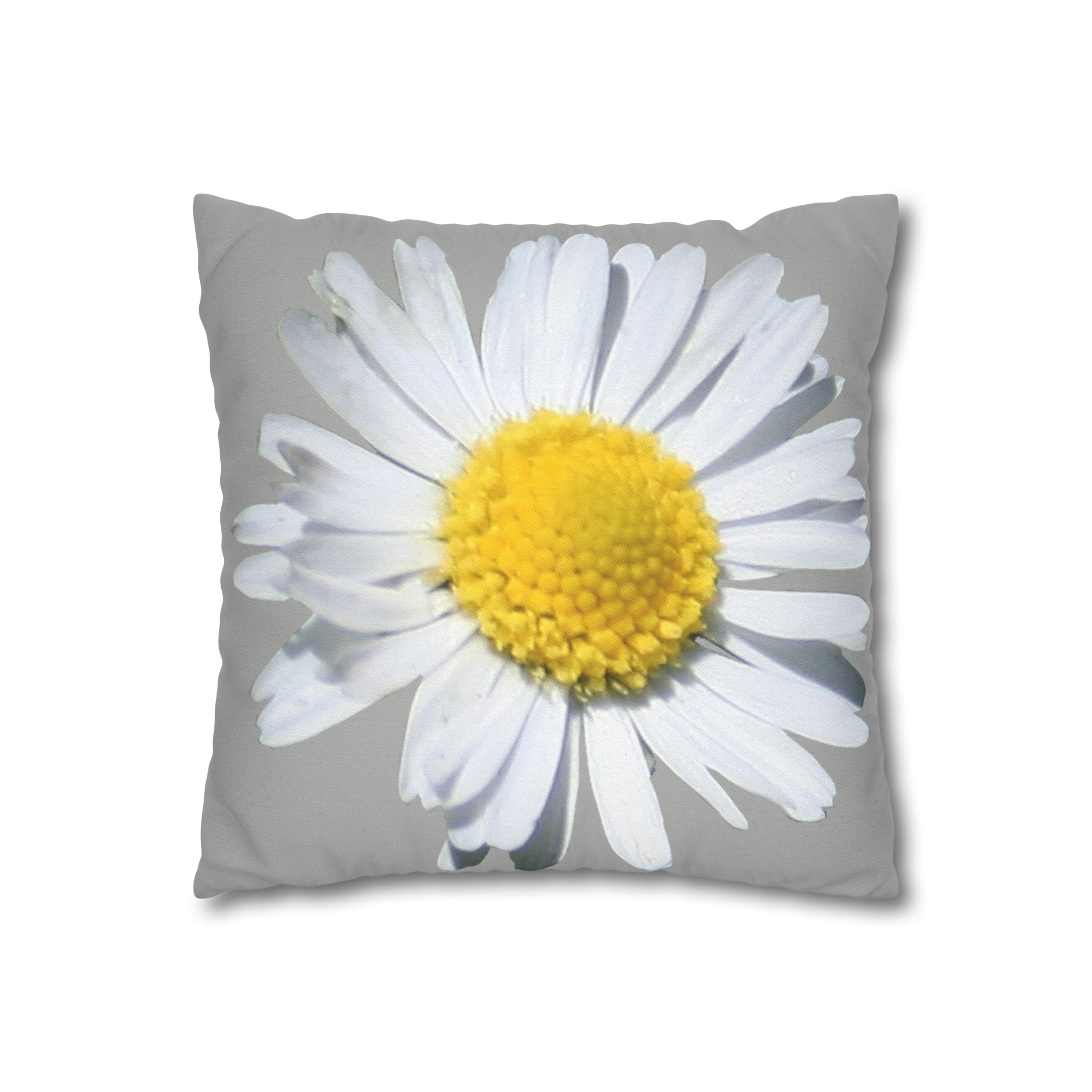 Spun Polyester Square Pillow Case Light Grey with White Daisy