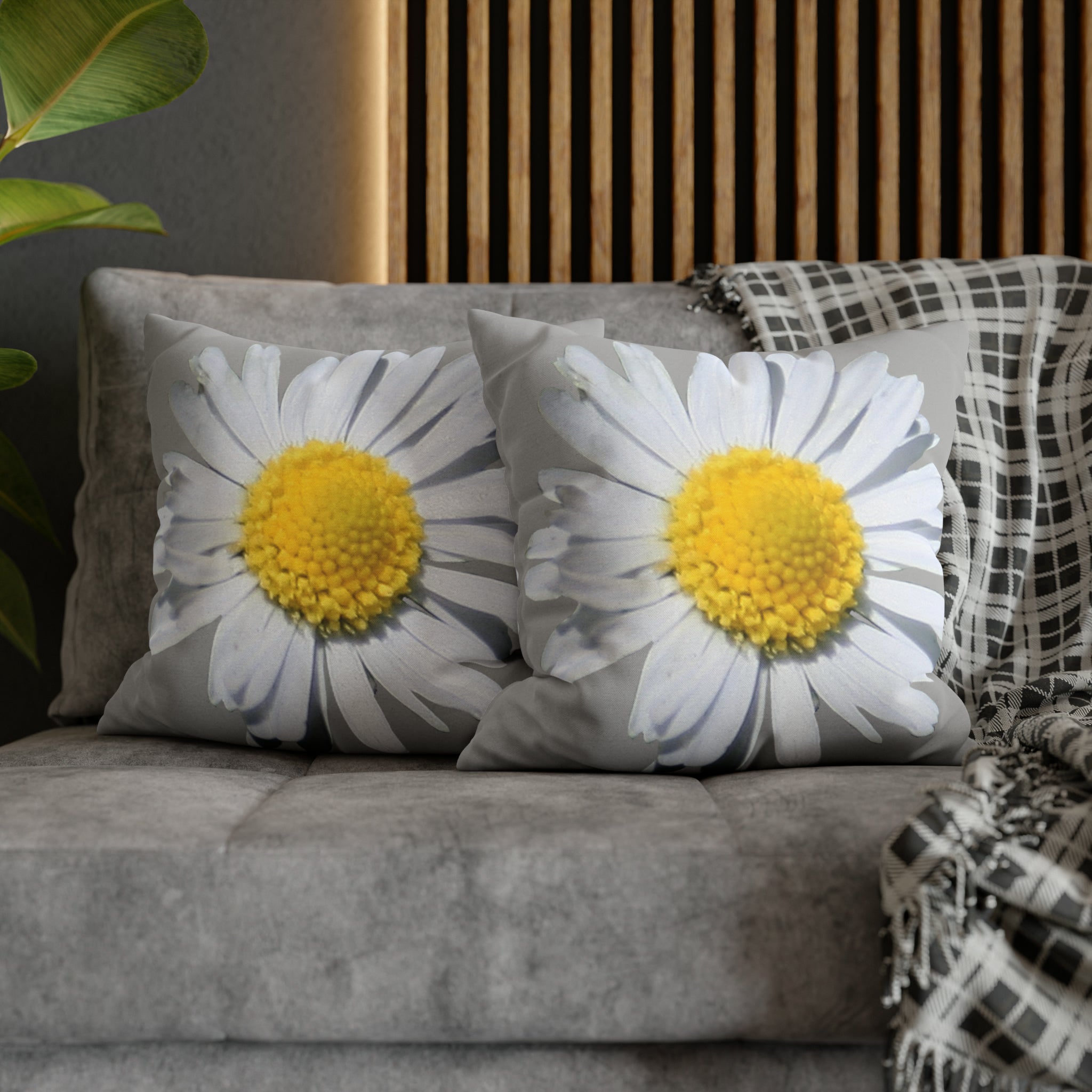 Spun Polyester Square Pillow Case Light Grey with White Daisy