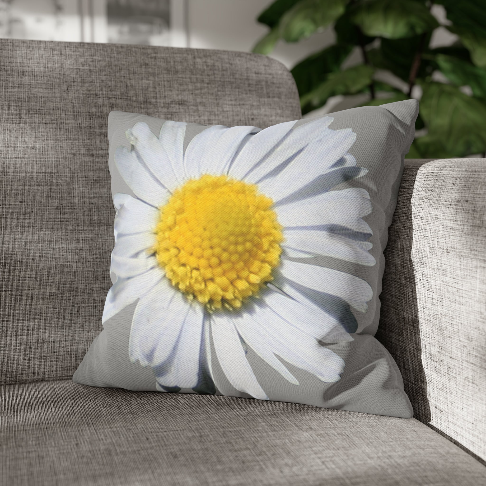 Spun Polyester Square Pillow Case Light Grey with White Daisy