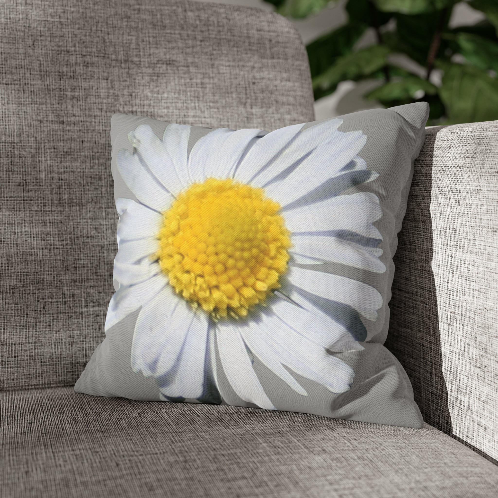 Spun Polyester Square Pillow Case Light Grey with White Daisy