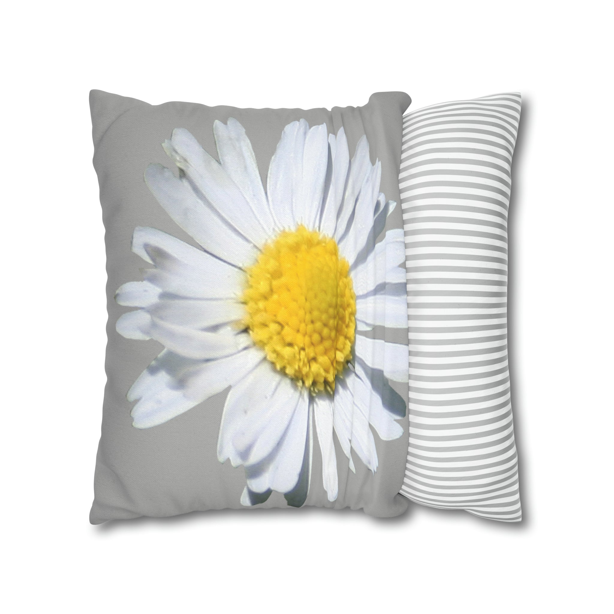 Spun Polyester Square Pillow Case Light Grey with White Daisy