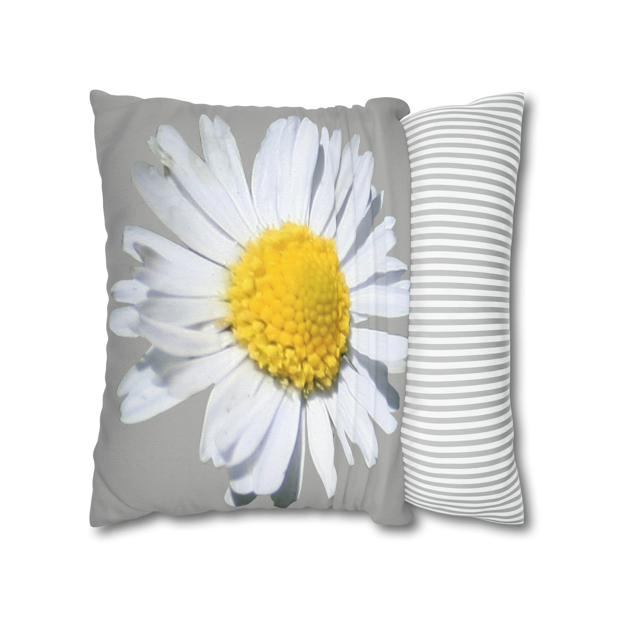 Spun Polyester Square Pillow Case Light Grey with White Daisy