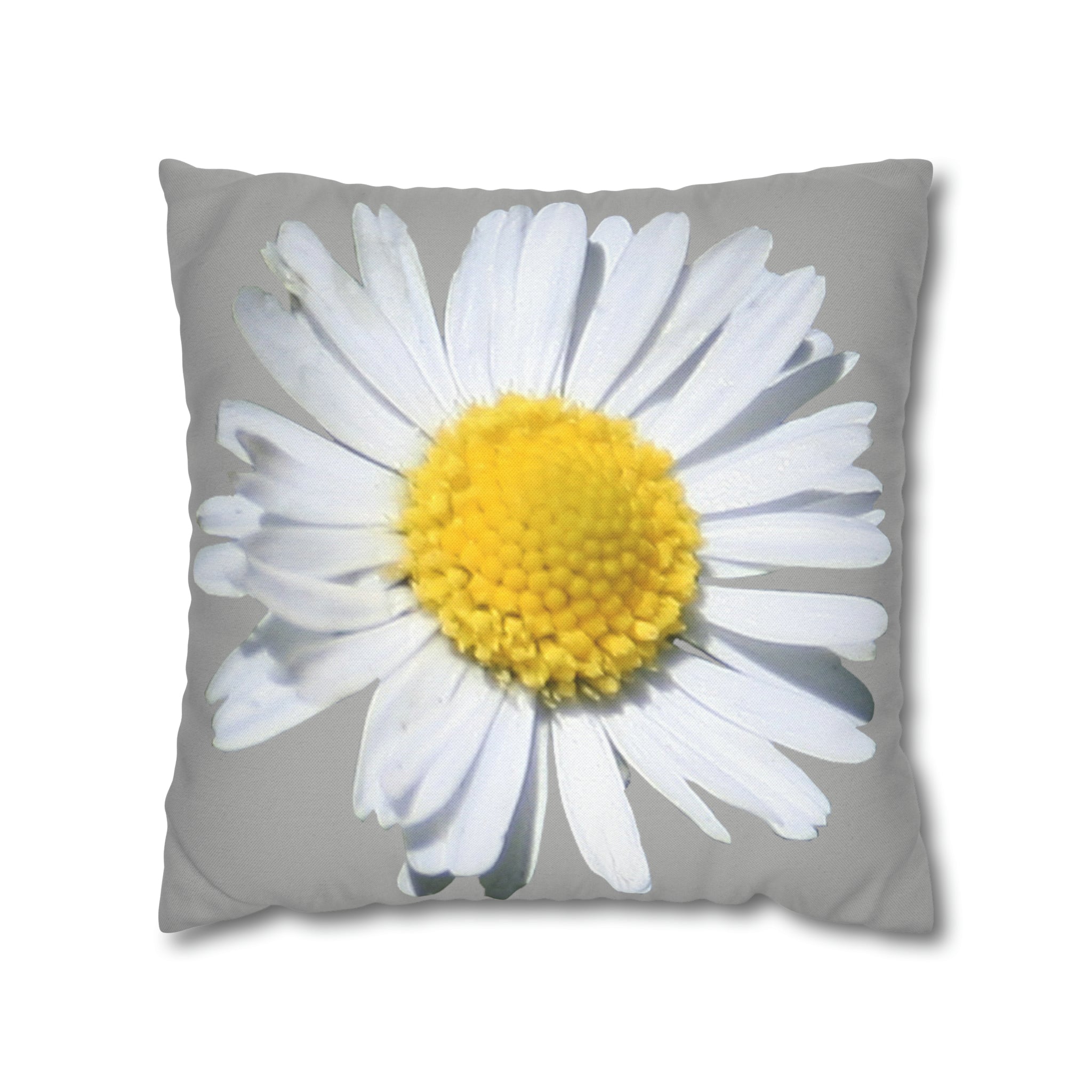 Spun Polyester Square Pillow Case Light Grey with White Daisy - AdeleEmbroidery