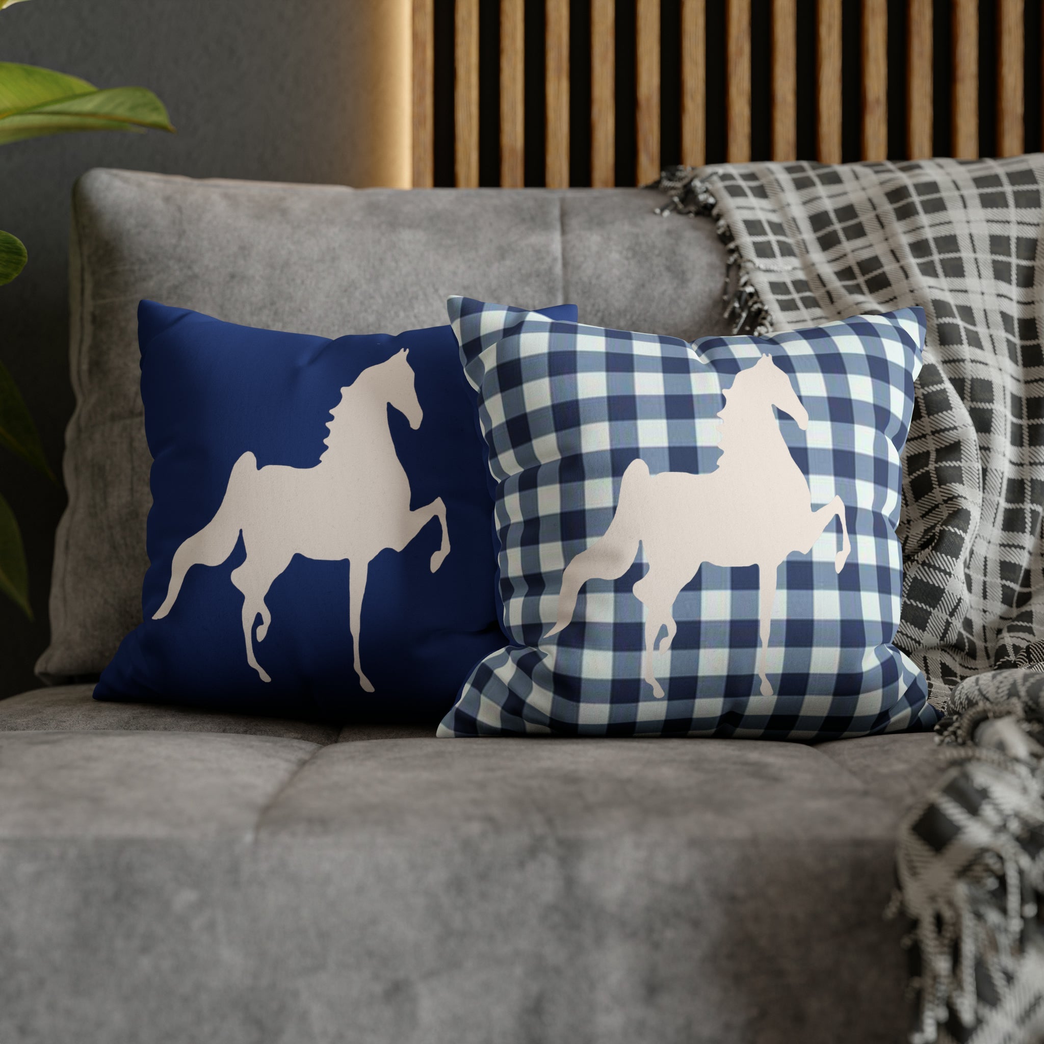 Faux Suede Square Pillow Case Blue and White Plaid  Saddlebred Print