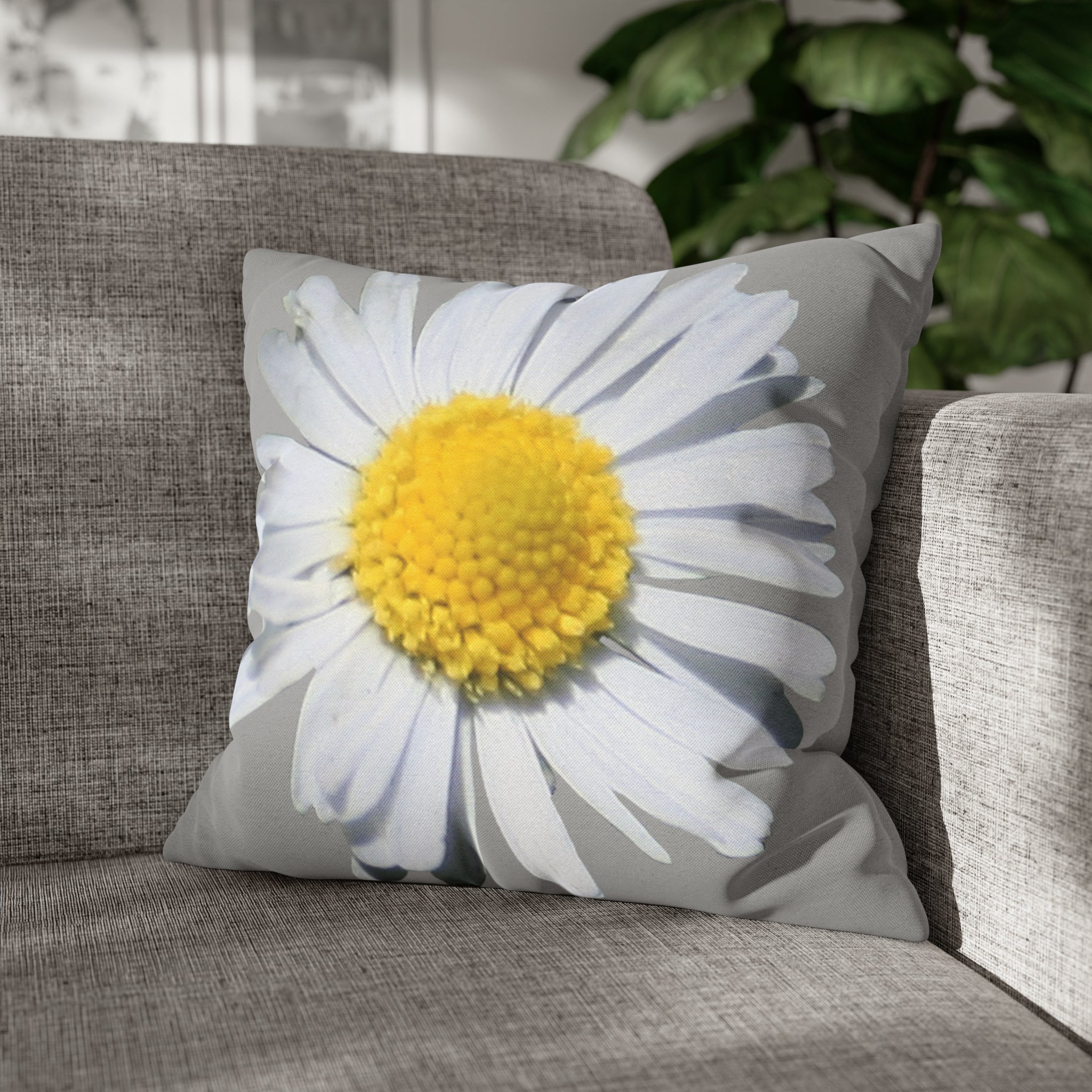 Spun Polyester Square Pillow Case Light Grey with White Daisy