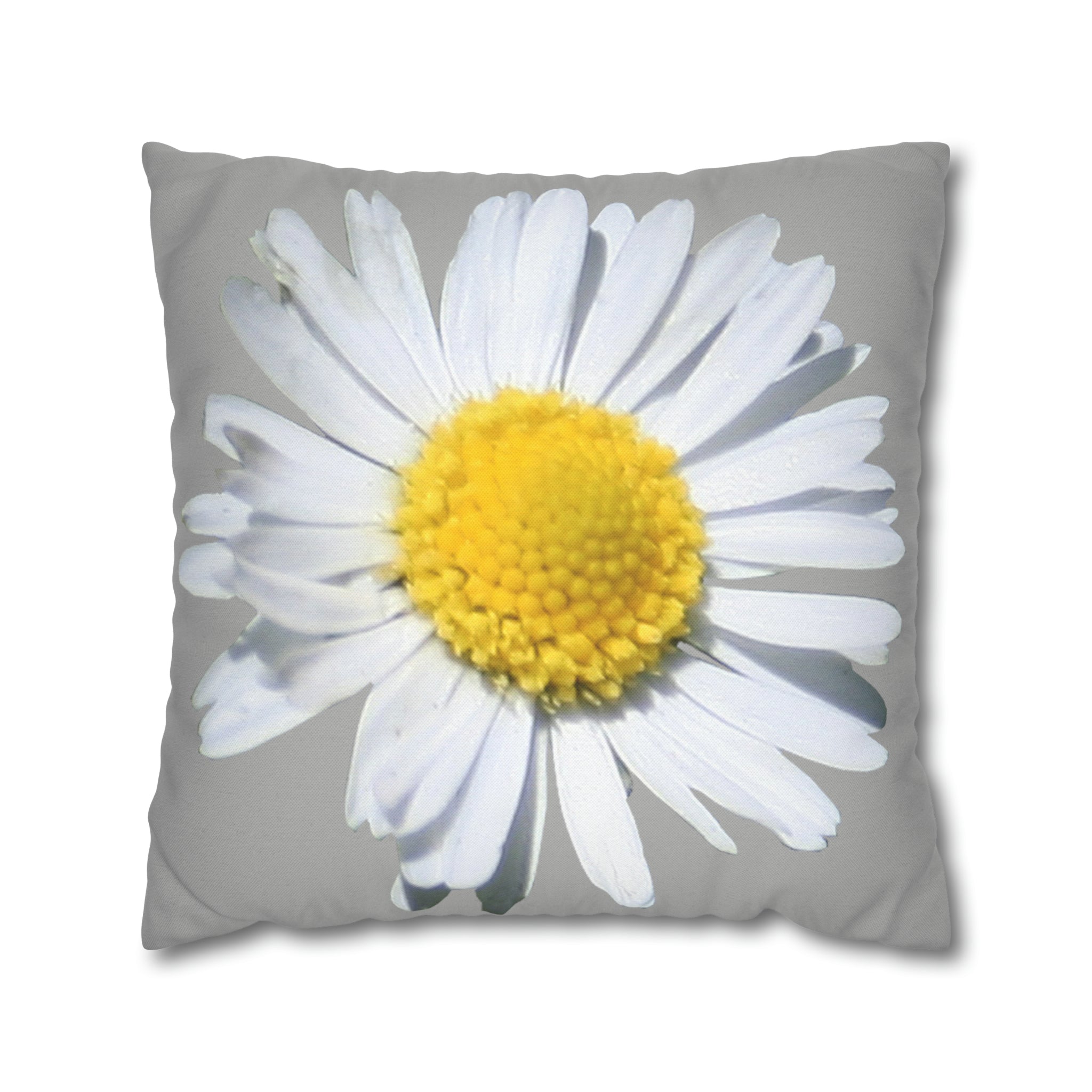 Spun Polyester Square Pillow Case Light Grey with White Daisy - AdeleEmbroidery