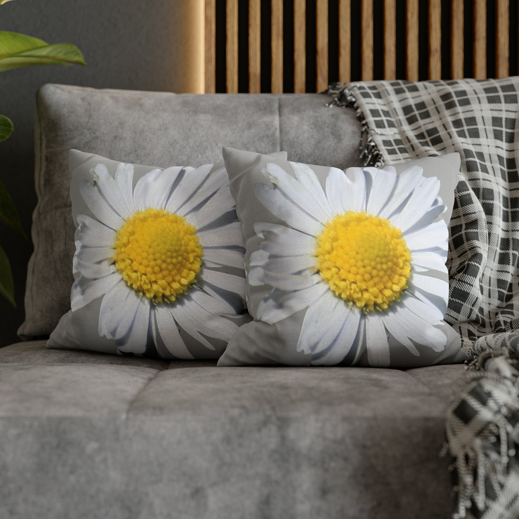 Spun Polyester Square Pillow Case Light Grey with White Daisy