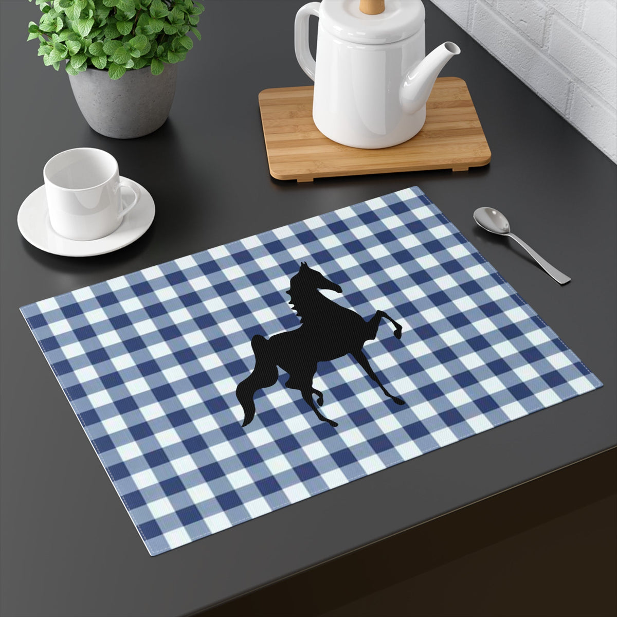 Placemat Blue and White with Black Saddlebred - AdeleEmbroidery