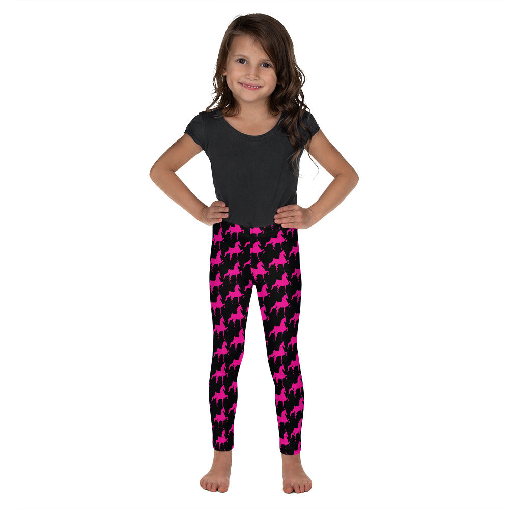 Kid's Leggings Black with Pink Saddlebred Print - AdeleEmbroidery