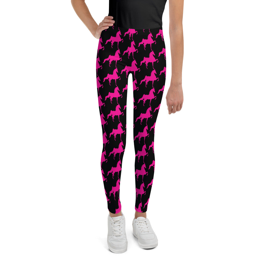 Youth Leggings Black with Pink Saddlebred Print - AdeleEmbroidery