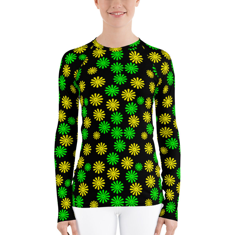 Women's Rash Guard Yellow and Green Flowers - AdeleEmbroidery