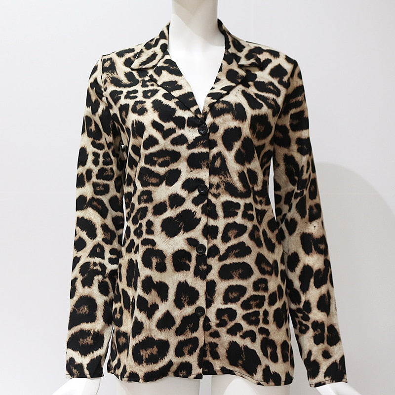 Vintage Blouse Long Sleeve  Leopard Print Turn Down Collar Small to Plus Size