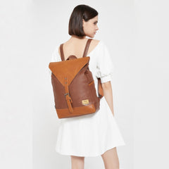 Faux Leather Tan Buckle Front Backpack